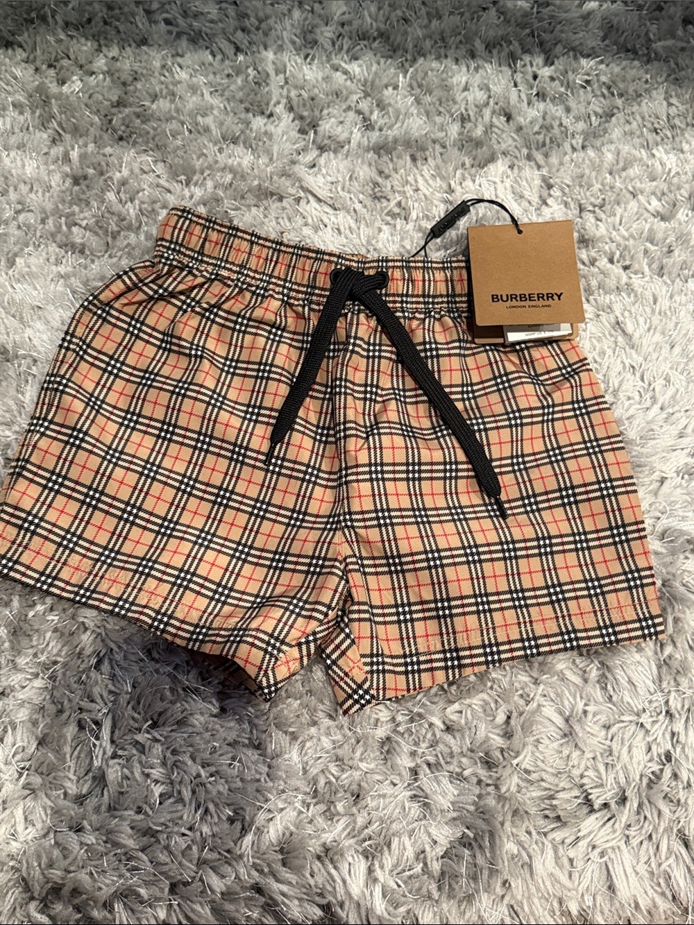 Burberry Tan Check Elastic Waist Women's Athletic Shorts with Black Drawstring